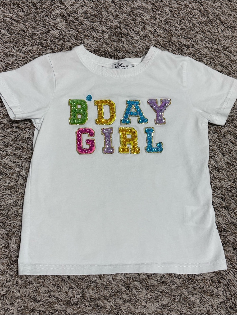 Lola + The Boys White Tee with Multicolor Sequin 'BDAY GIRL'